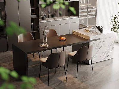 Modern Dining Table Set with Black Tabletop Gray Chairs Marble Countertop and Plants in Kitchen 3d model
