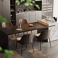 Modern Dining Table Set with Black Tabletop Gray Chairs Marble Countertop and Plants in Kitchen