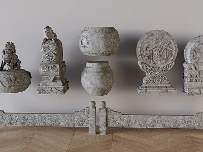 Chinese style stone lion hugging drum stone drum gate pier stone carving stone pier stone carving railing guardrail 3d model