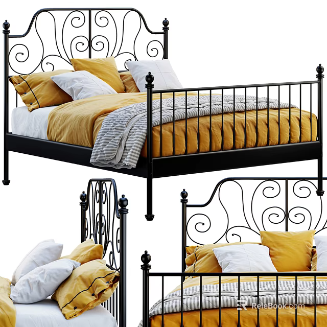 Black Metal Double Bed Frame With Yellow White Pillows And Curved Iron Decor 3d model 