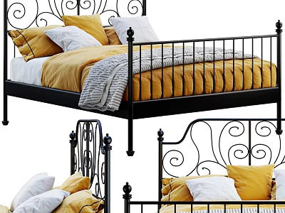 Black Metal Double Bed Frame With Yellow White Pillows And Curved Iron Decor 3d model