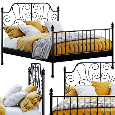 Black Metal Double Bed Frame With Yellow White Pillows And Curved Iron Decor 3d model
