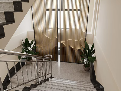 Modern Elevator Hallway Interior With Staircase Golden Striped Screen And Green Plants 3d model