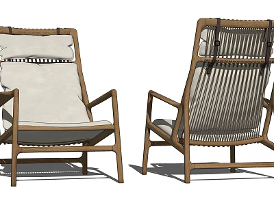 Wooden Frame Lounge Chair With Woven Backrest And Beige Cushion Design 3d model