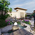 Traditional Chinese Garden Landscape with Wooden Pavilion Lotus Fountain Rockery and Purple Flowers