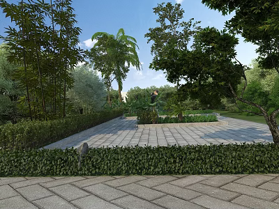 Well Designed Garden Landscape With Stone Paved Path Trimmed Shrubs And Lush Trees 3d model