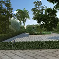 Well Designed Garden Landscape With Stone Paved Path Trimmed Shrubs And Lush Trees