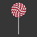 Red and White Swirl Lollipop on White Stick Against Dark Background