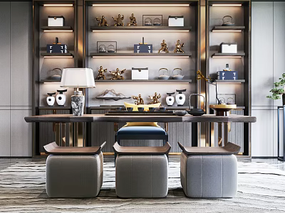 Elegant Modern Interior With Wooden Tea Table And Upholstered Chairs And Decorative Shelves 3d model