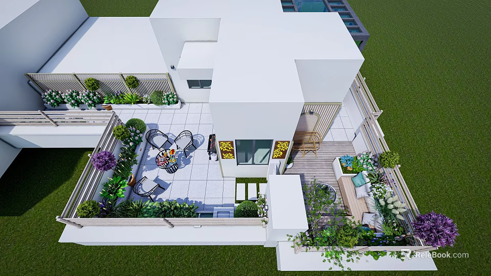 Modern Terrace Garden Landscape With Outdoor Seating And Lush Greenery Plants 3d model 