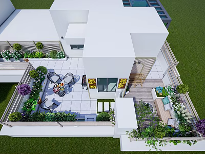 Modern Terrace Garden Landscape With Outdoor Seating And Lush Greenery Plants 3d model