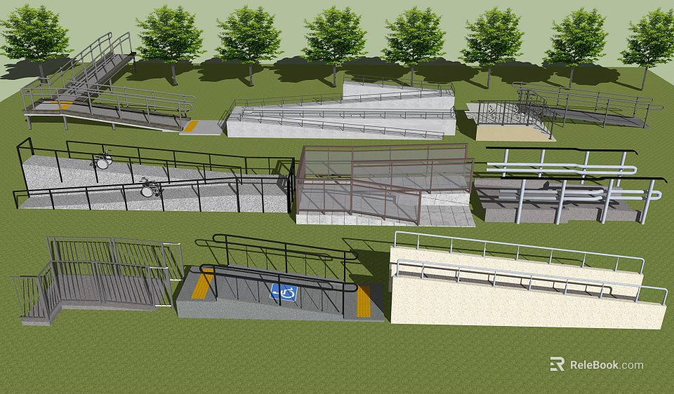 Various Road Facilities Including Ramps Railings Steps And Green Trees 3d model 