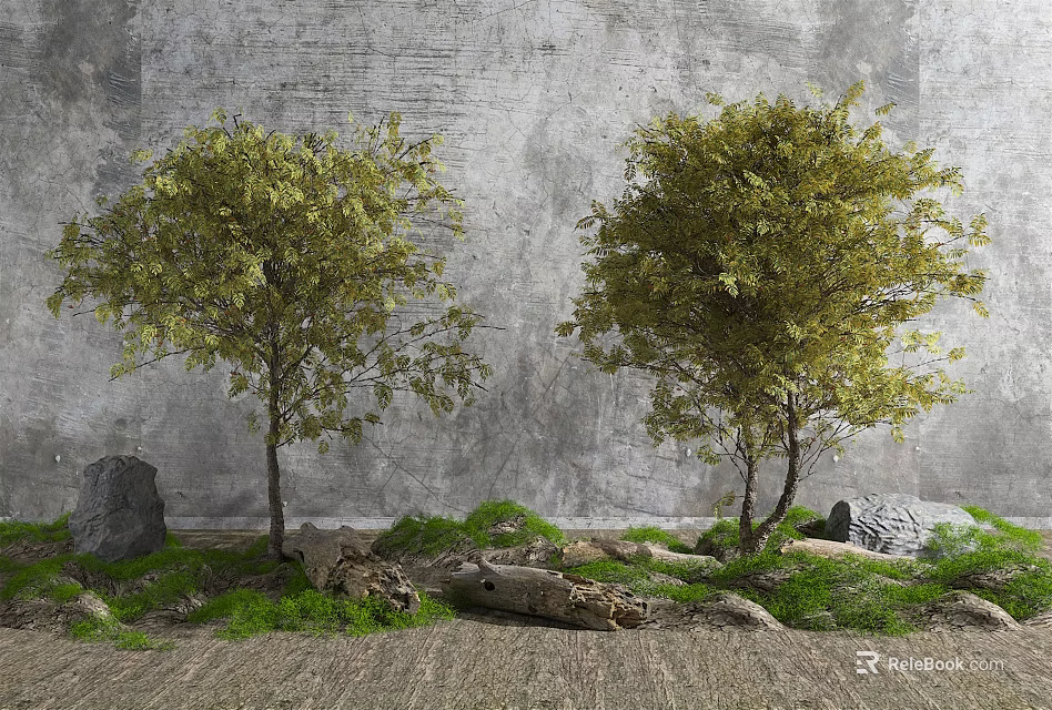 Two Green Trees Against Gray Textured Wall With Stones Logs and Green Grass 3d model 