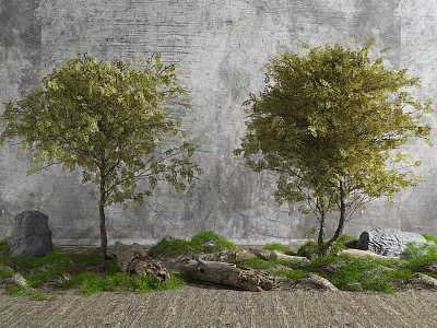 Two Green Trees Against Gray Textured Wall With Stones Logs and Green Grass 3d model
