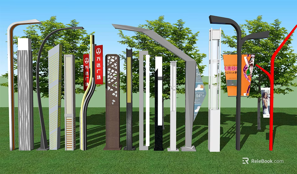 Modern Outdoor Lights With Various Designs Standing In Garden Green Grass Area 3d model 