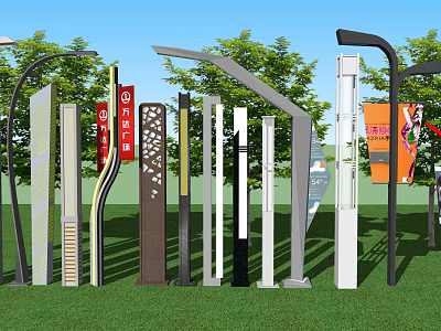 Modern Outdoor Lights With Various Designs Standing In Garden Green Grass Area 3d model