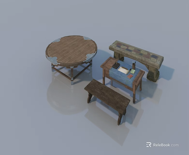 Sofa Coffee Table Set With Round Wooden Table And Stylish Bench Design 3d model