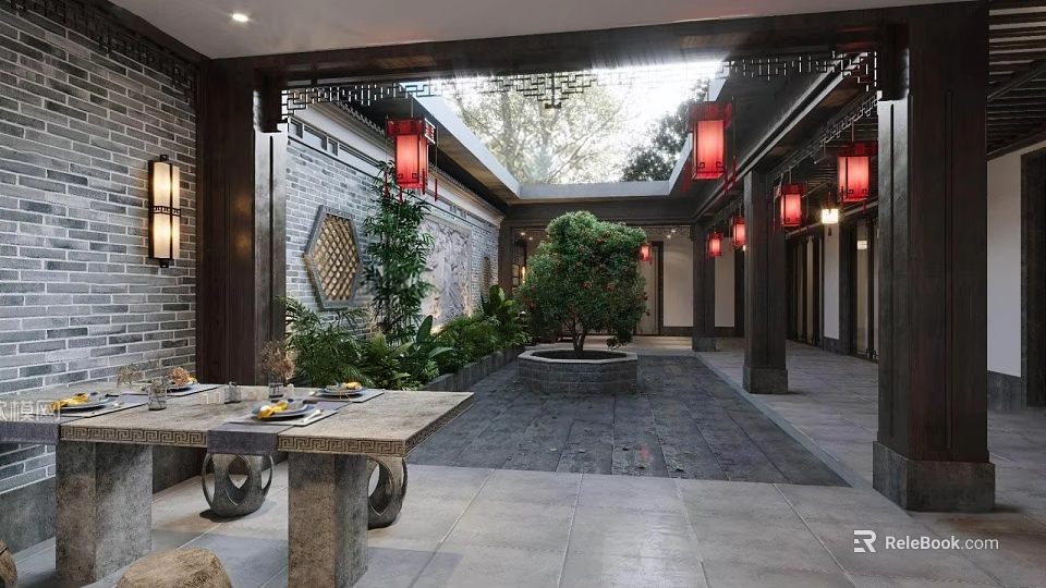 Traditional Chinese Garden Landscape With Red Lanterns Gray Brick Walls Stone Table And Green Plants 3d model 