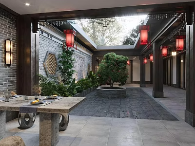 Traditional Chinese Garden Landscape With Red Lanterns Gray Brick Walls Stone Table And Green Plants 3d model