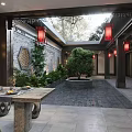 Traditional Chinese Garden Landscape With Red Lanterns Gray Brick Walls Stone Table And Green Plants
