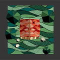 Cartoon Scene With Small House Red Roof Green Trees Wavy Green Grass And White Stones