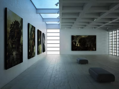 Art Gallery Interior With Large Paintings Natural Light And Padded Seats 3d model