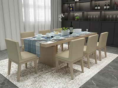 Wooden Dining Table Set With Six Beige Chairs Tablecloth Dishes Plant Vase And Window Cabinet 3d model