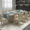 Wooden Dining Table Set With Six Beige Chairs Tablecloth Dishes Plant Vase And Window Cabinet