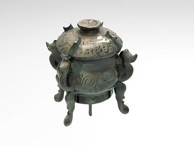 Ancient Bronze Vessel With Intricate Carvings Lid And Animal Shaped Legs 3d model