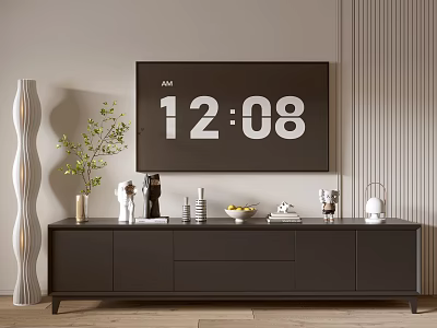 Modern TV Stand with Large TV Screen Decorations Green Plant Floor Lamp and Light Wall 3d model