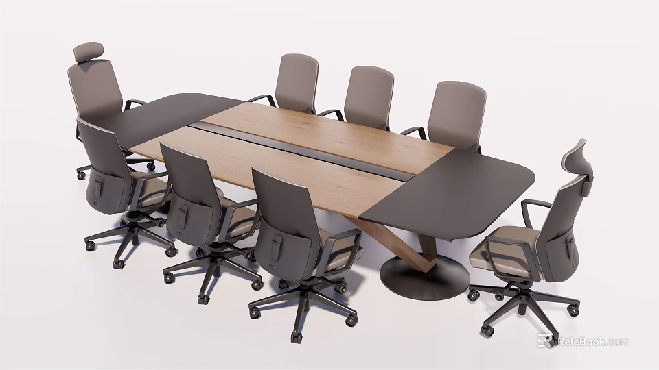 Modern Conference Table With Wooden Top And Gray Rolling Office Chairs 3d model 