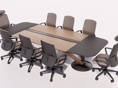 Modern Conference Table With Wooden Top And Gray Rolling Office Chairs 3d model