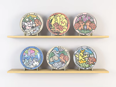 Colorful Cartoon Patterned Plates Displayed On Two Wooden Shelves For Home Decor 3d model