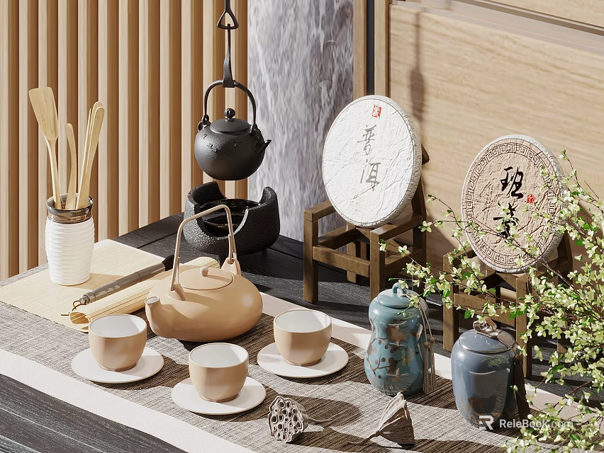 Traditional Chinese Tea Set with Teapot Teacups Tea Cakes in Bamboo Background and Decorative Plants 3d model 