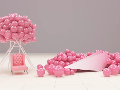 Inflatable Pink Balloons Tree Shaped Decor With Scattered Balls And Chair 3d model