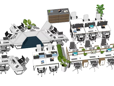 Modern Office Desks Workstation Setup With Computers Office Chairs Potted Plants And Storage Cabinets 3d model