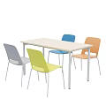 Modern Rectangular White Dining Table Set with Four Colorful Chairs and Metal Legs 3d model