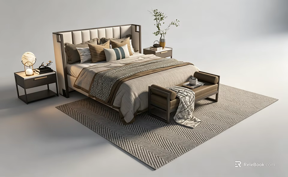 Elegant Double Bed With Upholstered Headboard Pillows Nightstands And Bench On Patterned Rug 3d model 