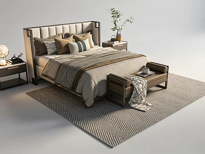 Elegant Double Bed With Upholstered Headboard Pillows Nightstands And Bench On Patterned Rug 3d model