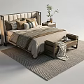 Elegant Double Bed With Upholstered Headboard Pillows Nightstands And Bench On Patterned Rug