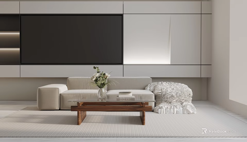 Modern Living Room Interior With Beige Three Seater Sofa Wooden Coffee Table And Plush Cushions 3d model 