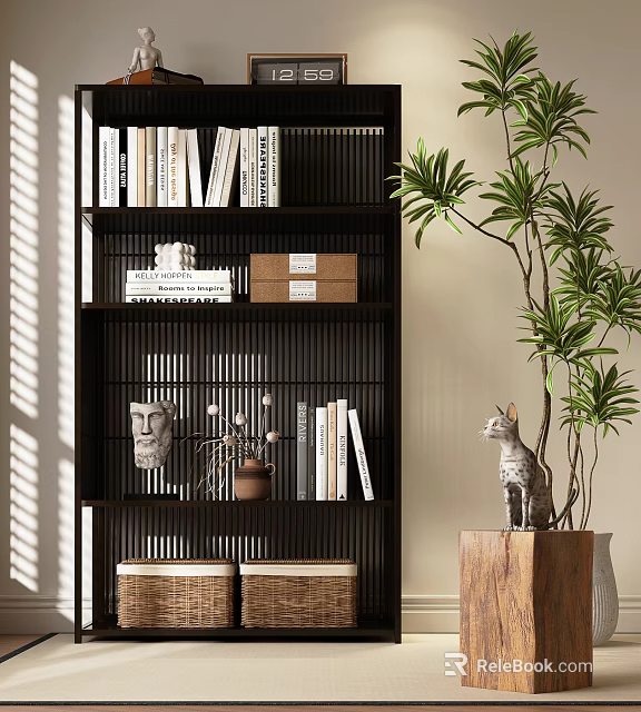 Modern Black Bookcase with Books Sculpture Clay Pot Wicker Baskets Green Plant and Cat 3d model 