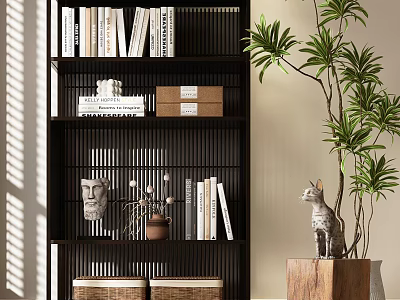 Modern Black Bookcase with Books Sculpture Clay Pot Wicker Baskets Green Plant and Cat 3d model
