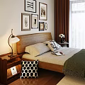 Modern Double Sofa In Bedroom With Wooden Bedside Tables Decorative Paintings And Green Plants