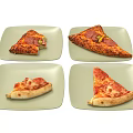 Four Delicious Pizza Slices On Light Green Square Plates With Various Toppings