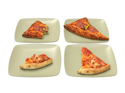 Four Delicious Pizza Slices On Light Green Square Plates With Various Toppings 3d model