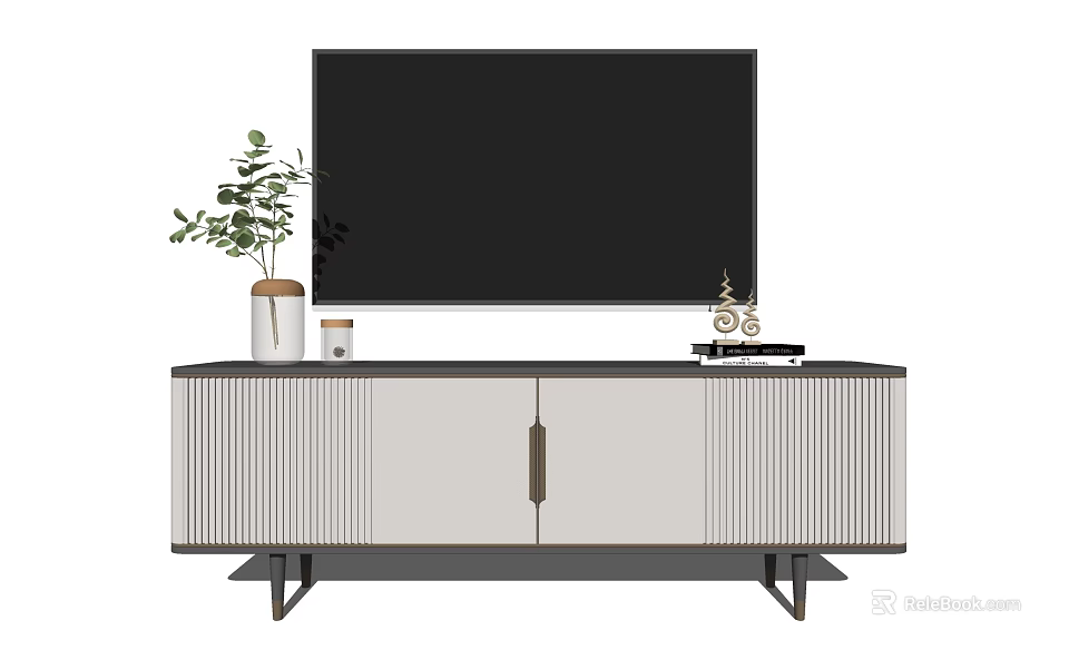 Modern Gray and White TV Stand With Metal Handles And Decorative Plants 3d model 