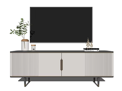 Modern Gray and White TV Stand With Metal Handles And Decorative Plants 3d model