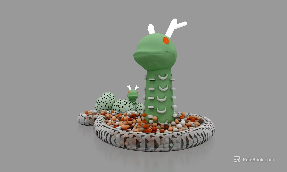 Green Caterpillar Shaped Playground Equipment With Two Figures Colorful Balls And Circular Base 3d model 