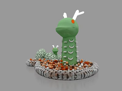 Green Caterpillar Shaped Playground Equipment With Two Figures Colorful Balls And Circular Base 3d model